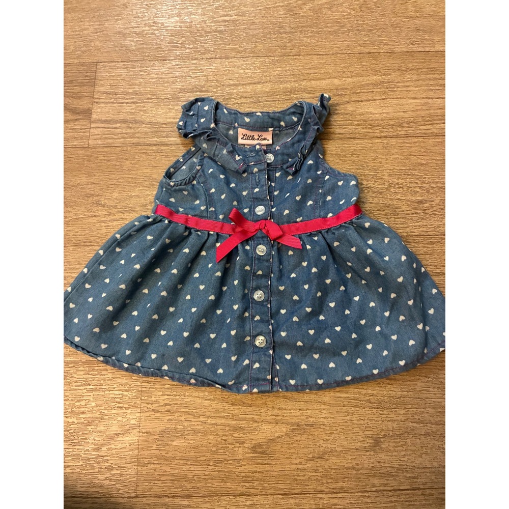 Little Lass Baby Girls Blue Denim Heart Print Dress Ruffle Pink Bow 12M 42048